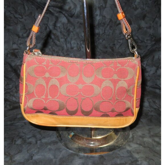 Coach Y2K Hampton Red Canvas & Tan Leather Signature Jacquard Demi Baguette Bag - Picture 2 of 14